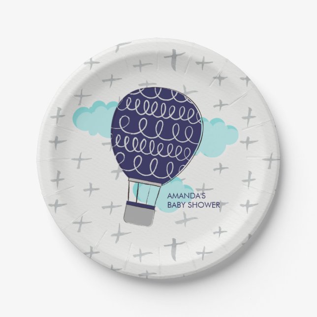 Blue Boy Hot Air Balloon Baby Shower Party Paper Plate (Front)