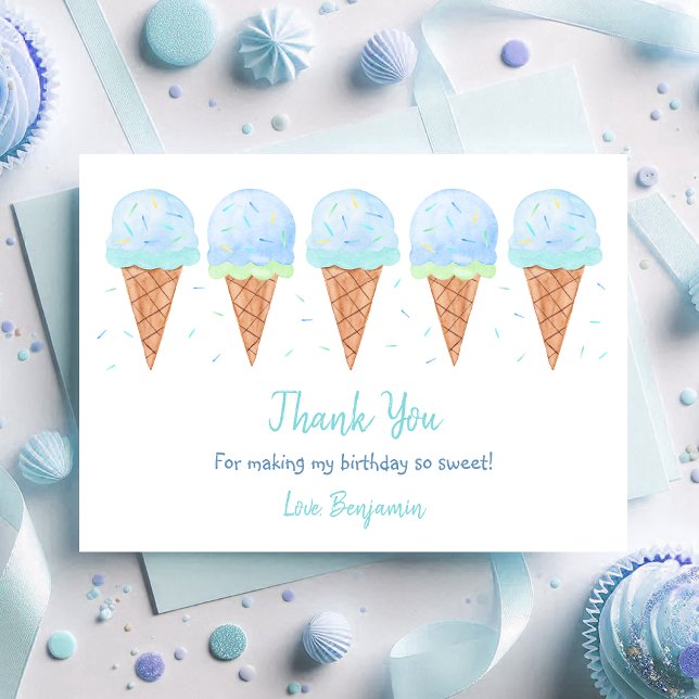 Blue Boy Ice Cream Sprinkles Birthday Thank You Card (Creator Uploaded)