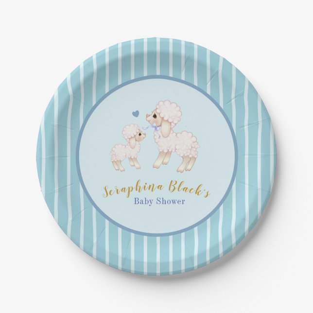 Blue Boy Lamb Baby Shower Paper Plates (Front)