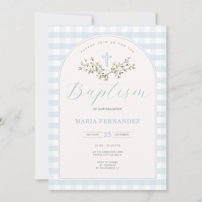 Blue Boy Modern Wildflowers Christening Gingham Invitation (Front)