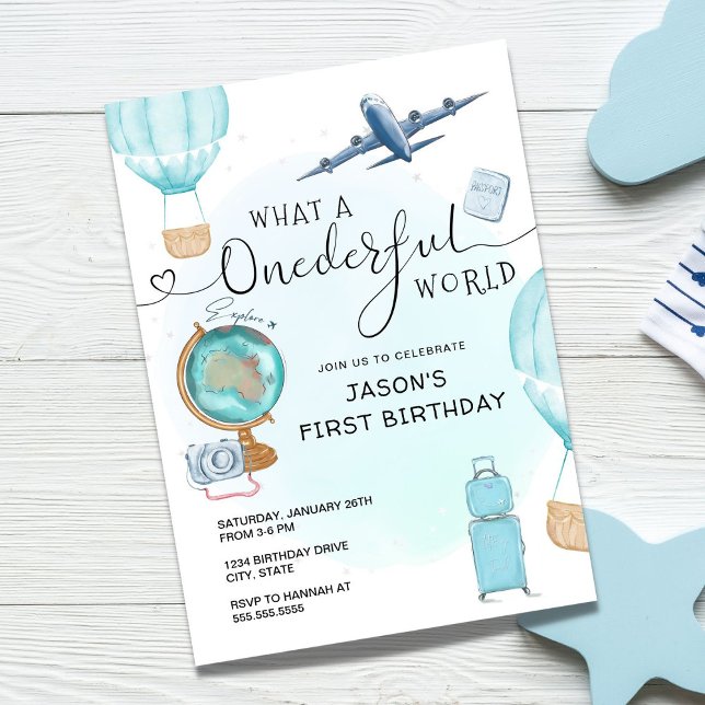Blue Boy ONEderful World First Birthday Invitation (Creator Uploaded)