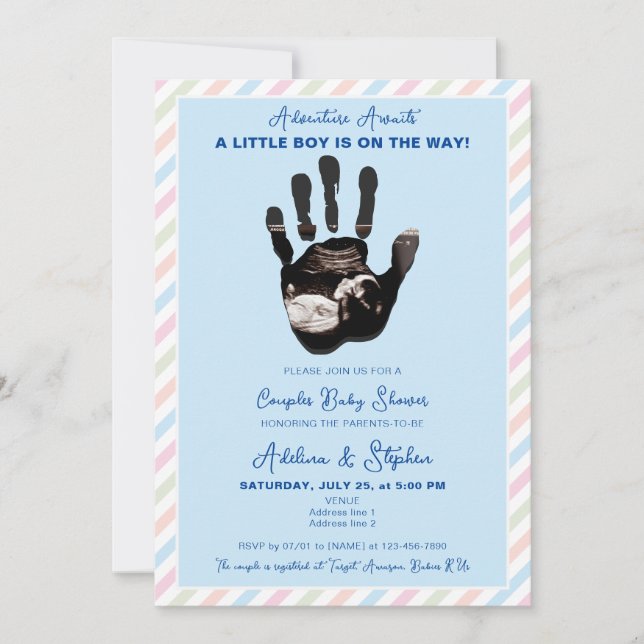 Blue Boy Pastel Ultrasound Couples Baby Shower Invitation (Front)