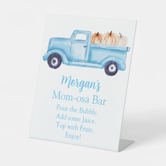 Blue Boy Pumpkin Baby Shower Mum-osa Bar Pedestal Sign (Front)
