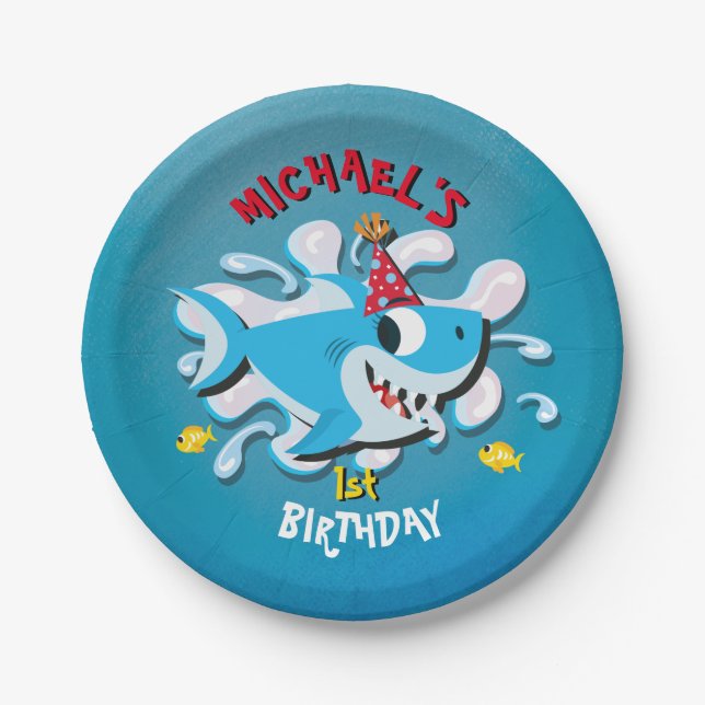 Blue Boy Shark Baby Birthday Party Paper Plate (Front)