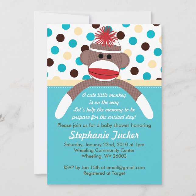 Blue Boy Sock Monkey Baby Shower Invitation (Front)