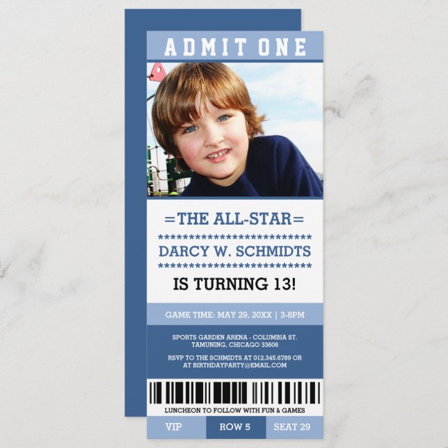 Blue Boy Sports Ticket Birthday Party Invites (Front/Back)