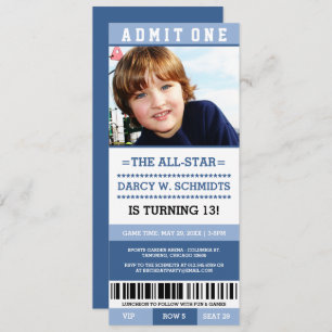 Blue Boy Sports Ticket Birthday Party Invites