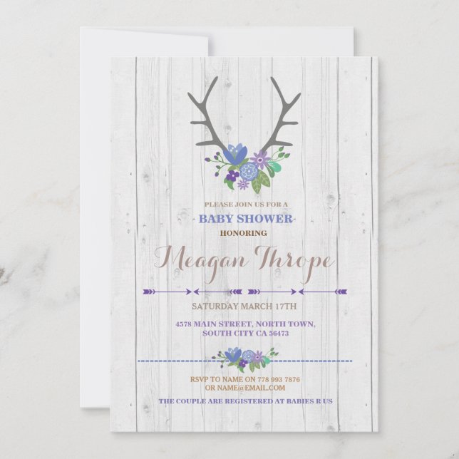 Blue Boy Stag Rustic Flower Baby Shower Invitation (Front)