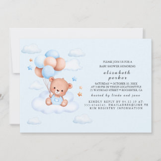 Blue Boy Teddy Bear Baby Shower Invitation