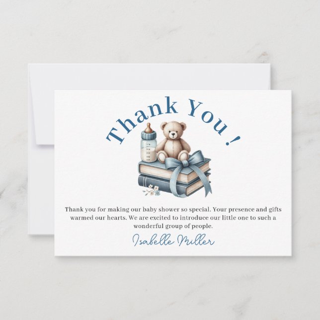 Blue Boy Teddy Bear Baby Shower New Chapter Begins Thank You Card (Front)
