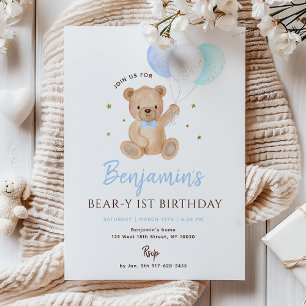 Blue Boy Teddy Bear Balloon First Birthday Invitation