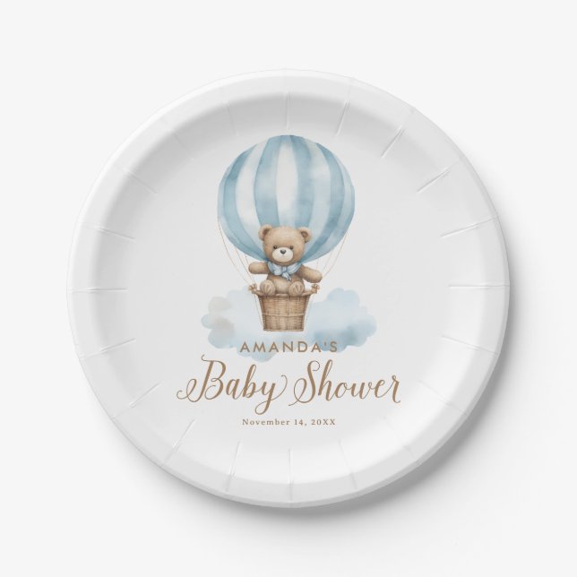 Blue Boy Teddy Bear Bearly Wait Baby Shower Paper Plate (Front)