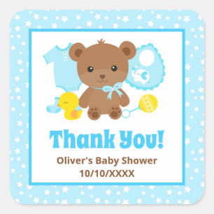 Blue Boy Teddy Bear Clothes Baby Shower Favour Square Sticker