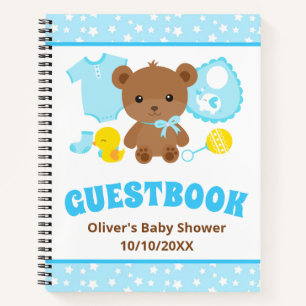 Blue Boy Teddy Bear Clothes Baby Shower Guestbook Notebook