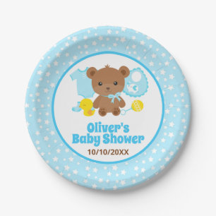 Blue Boy Teddy Bear Clothes Baby Shower Paper Plate