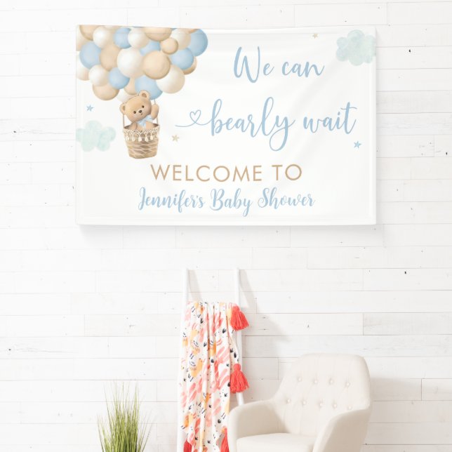 Blue Boy Teddy Bear Hot Air Balloon Baby Shower Banner (Insitu)