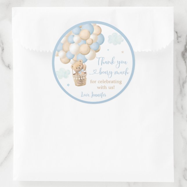 Blue Boy Teddy Bear Hot Air Balloon Baby Shower Classic Round Sticker (Bag)