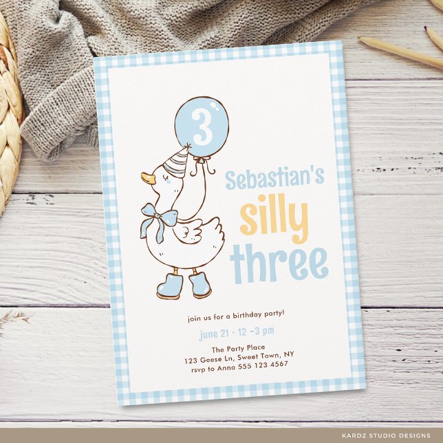 Blue Boy Three Silly Goose 3rd Birthday Invitation (The front of the invitation is shown in a 5x7-inch size. Choose size, paper, and corner sty)
