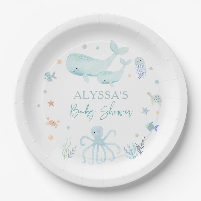 Blue Boy Under the Sea Baby Shower Paper Plate (Front)