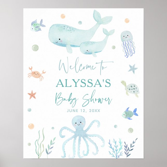 Blue Boy Under the Sea Baby Shower Welcome Poster (Front)