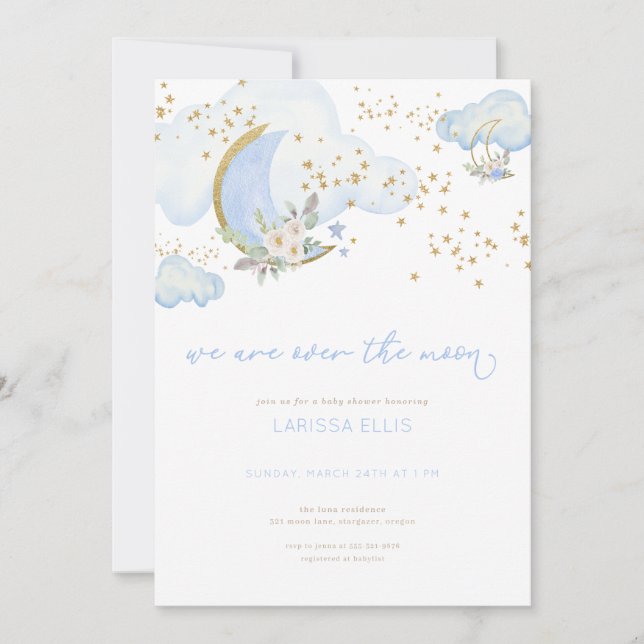 Blue Boy We are Over the Moon Baby Shower Invite (Front)