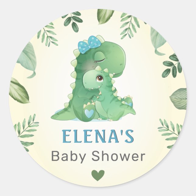 Blue Boy Wild Dinosaur Dino Baby Shower Sprinkle Classic Round Sticker (Front)