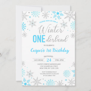 Blue Boy Winter Onederland Snowflake 1st Birthday Invitation