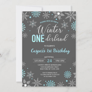 Blue Boy Winter Onederland Snowflake 1st Birthday Invitation
