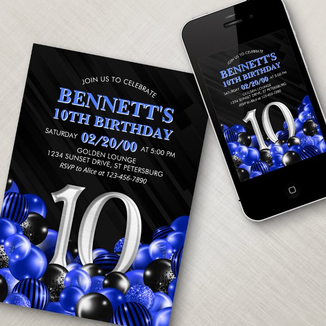 Blue Boys 10th Birthday Invitation (Creator Uploaded)
