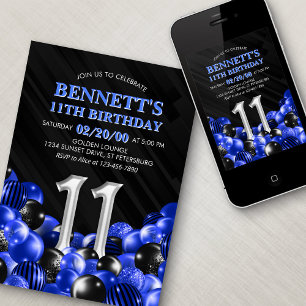 Blue Boys 11th Birthday Invitation