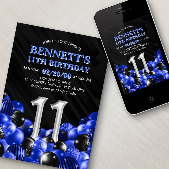 Blue Boys 11th Birthday Invitation (Creator Uploaded)