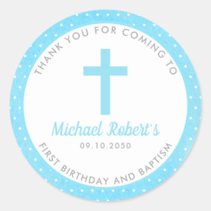 Blue Boys Baptism Christening Favour Thank You Classic Round Sticker
