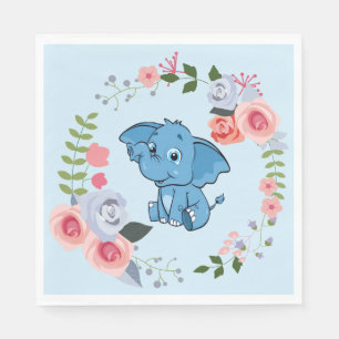 Blue Boy's Elephant Floral Baby Shower Napkin