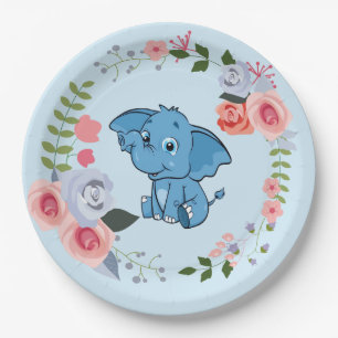 Blue Boy's Elephant Floral Baby Shower Paper Plate
