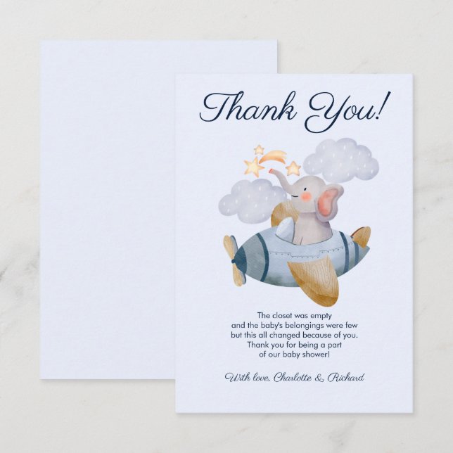 Blue Boy's Elephant Plane Baby Shower Thank You Card (Front/Back)