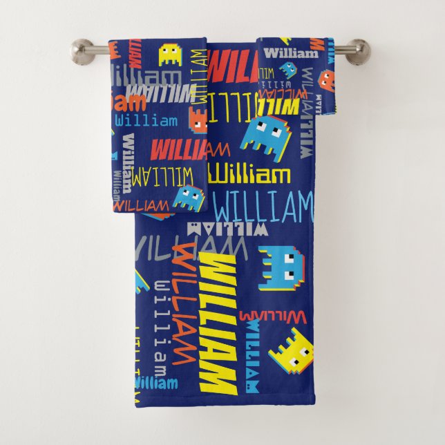 Blue boys name pixel alien graphic William towels (Insitu)