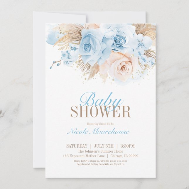 Blue Boys Pampas Grass Baby Shower Invitation (Front)
