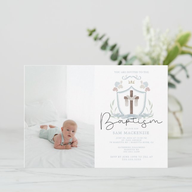 Blue boys photo first baptism invitation (Standing Front)