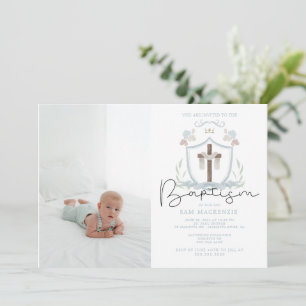 Blue boys photo first baptism invitation