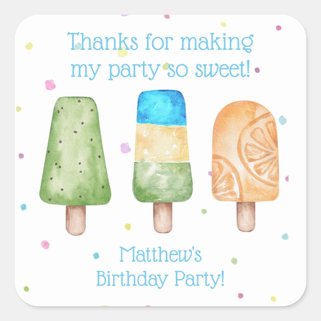 Blue Boys Summer Popsicle Birthday Favours Square Sticker (Front)