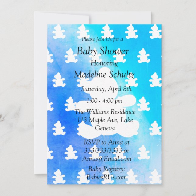 Blue Boy's Teddy Bear Themed Baby Shower Invitation (Front)