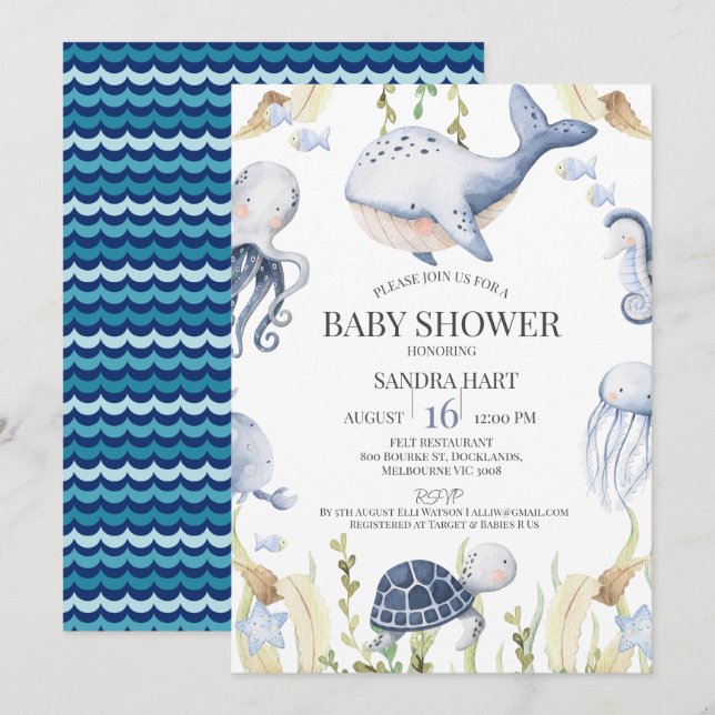 Blue Boys Under the Sea Creatures Boys Baby Shower Invitation (Front/Back)