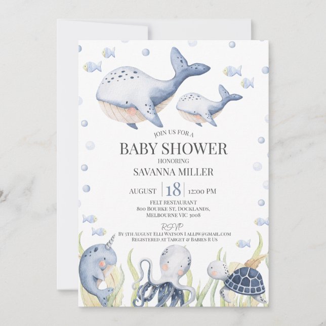Blue Boys Under the Sea Whale Calf Baby Shower Invitation (Front)