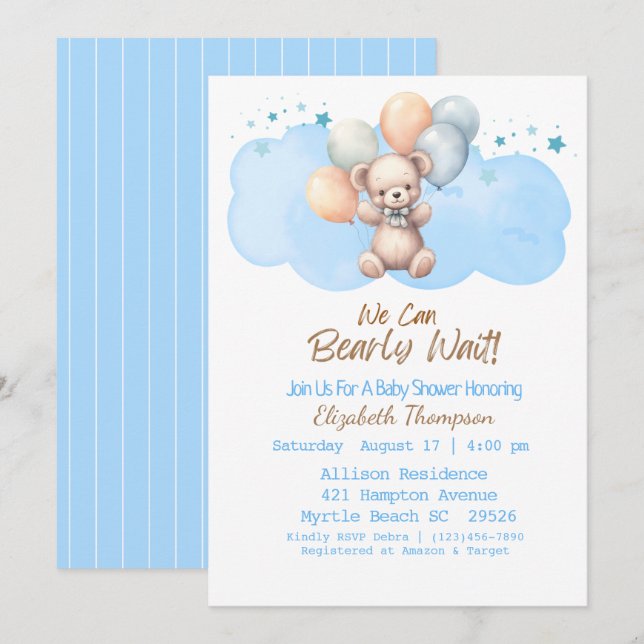 Blue Boys We Can Bearly Wait Bear Baby Shower Invitation (Front/Back)