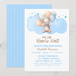 Blue Boys We Can Bearly Wait Bear Baby Shower Invitation