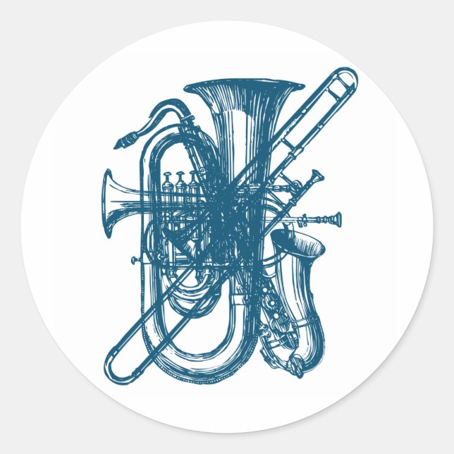 Blue Brass & Sax Classic Round Sticker (Front)
