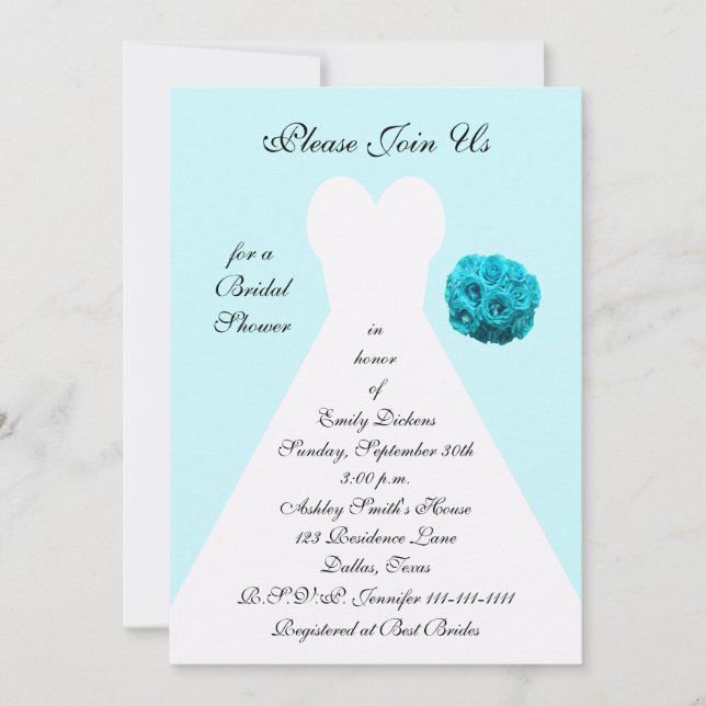 Blue Bridal Shower Invitation -- Wedding Gown (Front)