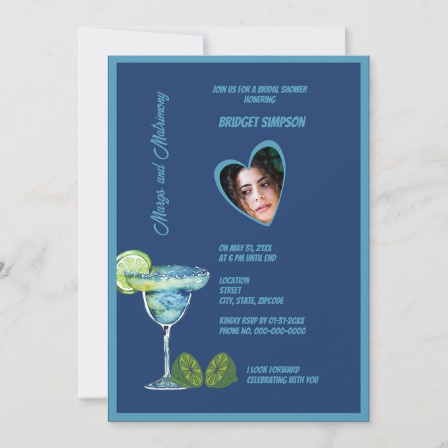 blue bridal shower margs and matrimony photo   invitation (Front)
