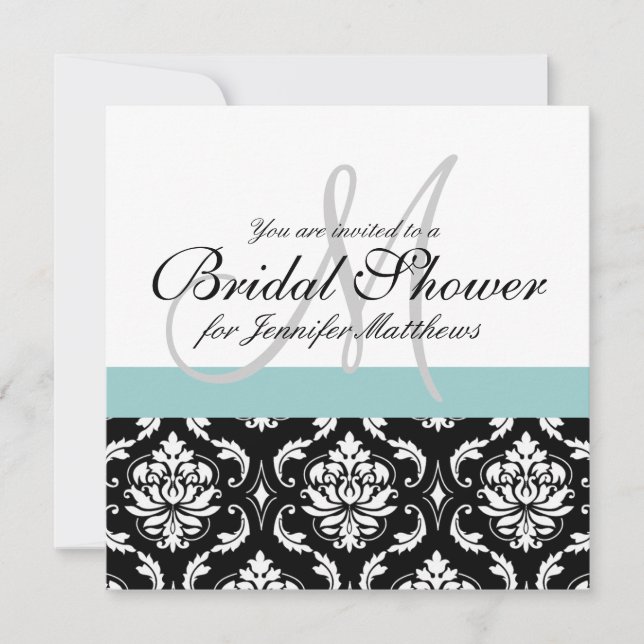 Blue Bridal Shower Monogram Damask Invitation (Front)