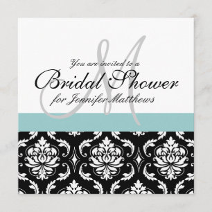 Blue Bridal Shower Monogram Damask Invitation